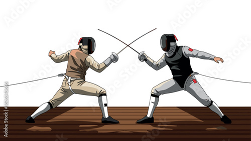 Fencing match illustration - two fencers in action on wooden floor - ideal for sport event design