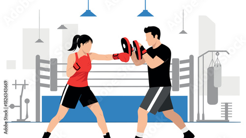 Boxing training illustration with coach and athlete in gym setting for fitness posters or beginner guides
