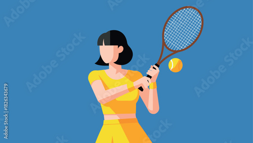 Female tennis player in action with racket and ball on blue background for sports design