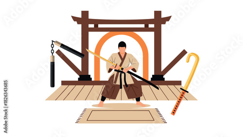 Martial arts training scene with samurai and weapons in traditional dojo design