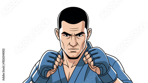 Martial arts fighter in blue uniform ready to fight - illustration for poster or card design
