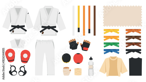 Comprehensive martial arts equipment and attire for training and practice