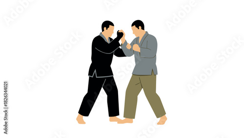 Martial arts fighters sparring in traditional attire for training or design projects