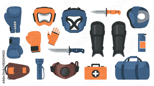 Mixed martial arts and combat sports gear collection for training and safety