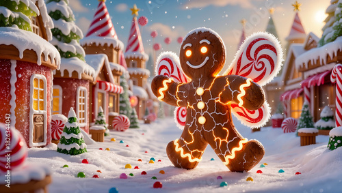 A gingerbread man walks through a gingerbread street.