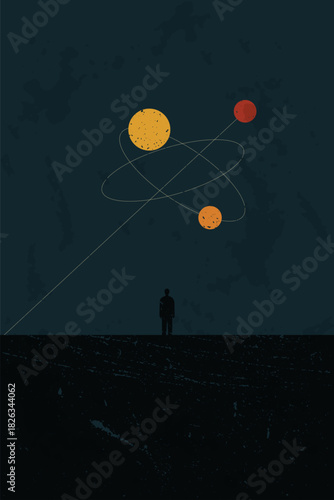 Midcentury scifi illustration of a lone figure watching atomic orbits in the sky