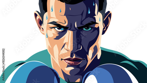 Intense boxing athlete illustration with focused expression and sweat for sports design