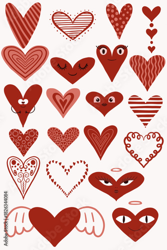 Playful collection of cute hand-drawn red hearts with expressive faces and patterns