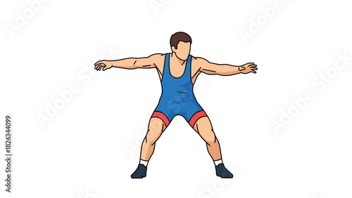 Wrestler in blue and red attire ready for action on white background