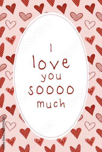 Cute romantic greeting card with playful hand-drawn hearts and sweet message