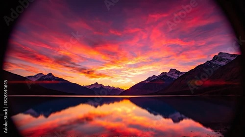 Breathtaking Sunset Over Serene Mountain Lake with Vibrant Sky Reflection.