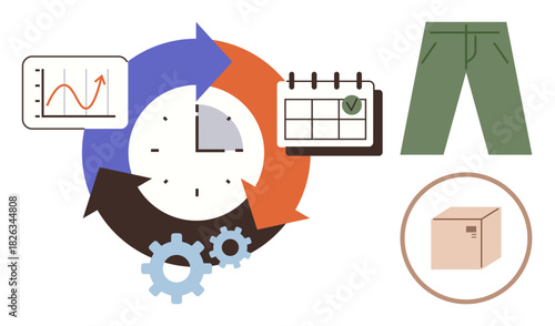 Clock with circular arrows, calendar with green checkmark, data chart, pants, box, and gears. Ideal for workflow optimization, logistics, retail time management delivery planning and efficiency