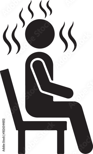 Minimalist icon of person sitting on a chair with rising steam illustrating feeling unwell hot or in a sauna environment