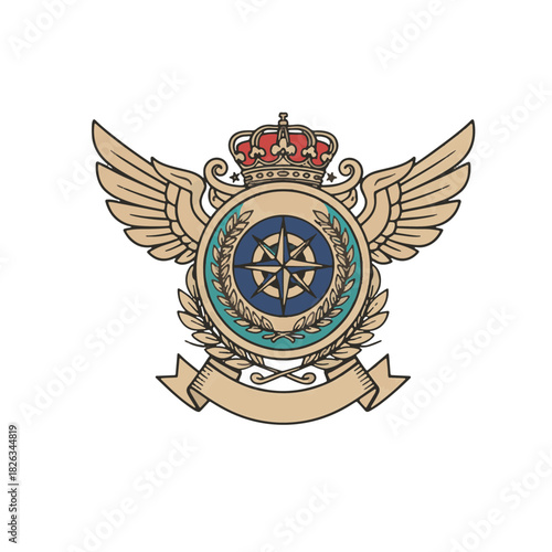 Winged heraldic shield with crown and crossed swords 
Royal vector emblem
Heraldic coat of arms crest 
Crowned winged shield with star and laurel
(AI Generated Content)
