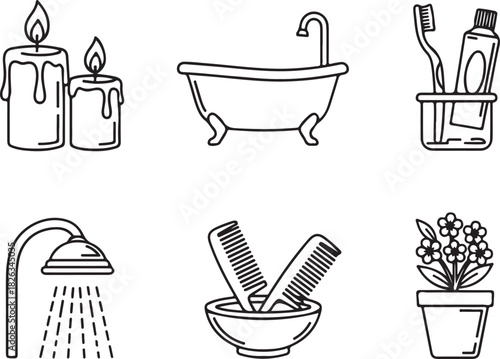 Set of black and white line icons representing various bathroom essentials and spa relaxation items on transparent background