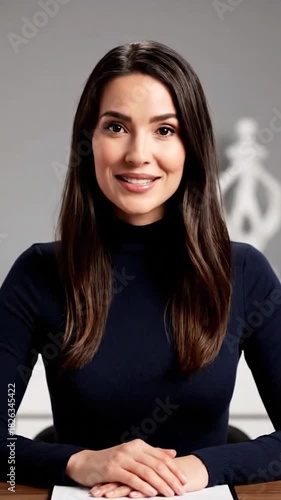 Attractive woman in navy turtleneck top talking in front of a gray background