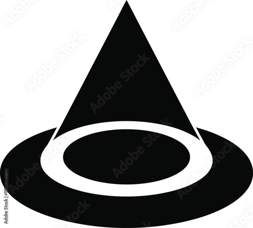 Stylized black and white witch or wizard hat icon graphic featuring a pointy cone shape on a flat circular brim for magical or celebration themes