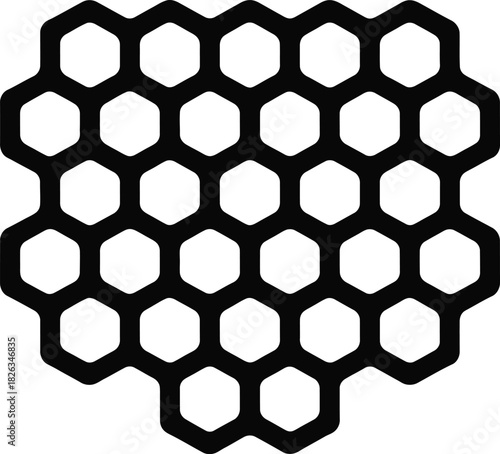 Black abstract geometric pattern of interconnected hexagons, forming a precise honeycomb structure, suitable for modern design, tech, science, and network concepts.