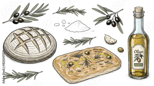 Artisan Bakery Sketch Vector Set Hand Drawn Rustic Sourdough Loaf Focaccia with Rosemary and Olive Oil Bottle Illustration for Italian Menu