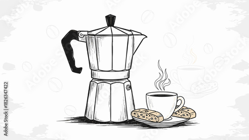 Italian Coffee Moka Pot Sketch Vector Illustration Hand Drawn Stovetop Espresso Maker Cup and Biscotti Set for Cafe Menu and Barista Design