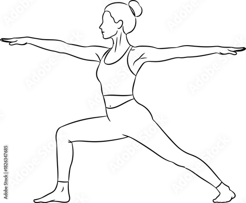 Line art illustration of a woman practicing yoga in a warrior ii pose, demonstrating strength and balance and promoting wellness