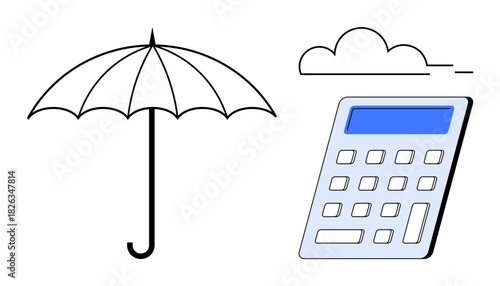 Open umbrella, calculator with highlighted screen, and cloud suggest protection, risk management, budgeting, and computation. Ideal for finance, insurance, planning savings protection forecast