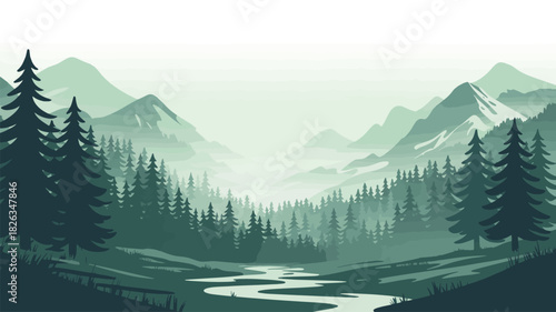Misty mountain valley landscape with a winding river and evergreen forest