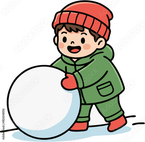 A happy cartoon child in a winter hat and coat is enthusiastically rolling a large snowball, illustrating fun winter activities and childhood joy