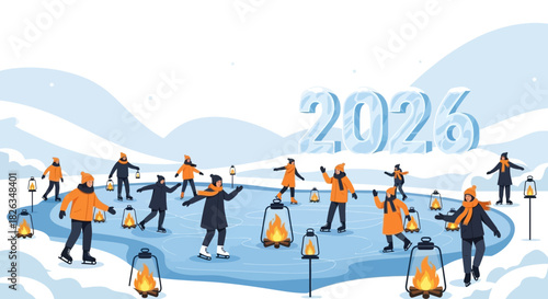 Winter fun skating on ice with lanterns, a festive 2026 celebration, holiday season joy, perfect for seasonal greetings and winter event promotions