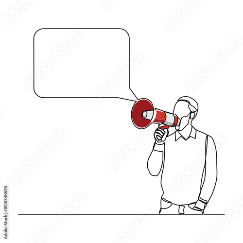 Continuous line sketch drawing of man holding megaphone speaker with bubble chat. Single line art of sound tool equipment editable stroke vector illustration