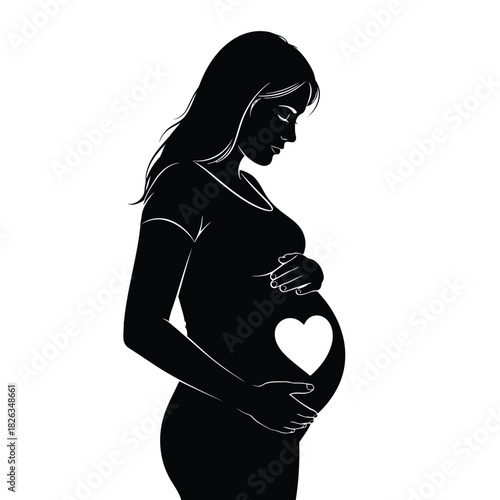 Black silhouette of a pregnant woman with a white heart on her belly, symbolizing motherhood and new life, isolated on white