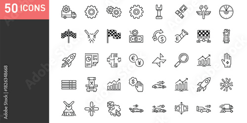 Business growth and performance line icon set featuring gears, analytics, finance, racing elements, strategy, innovation, progress, and startup development symbols.