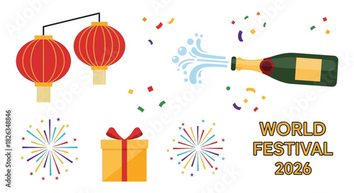 Celebrate World Festival 2026 with vibrant lanterns, popping champagne, festive confetti, and delightful gifts, perfect for joyful celebrations worldwide