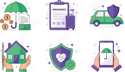 Insurance coverage icons, financial protection, travel safety, auto shield, home security, health care, digital device insurance, flat vector illustration