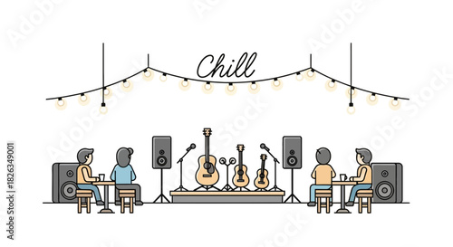 Relaxing evening at the music venue, friends enjoying live acoustic performance under the soft glow of string lights, intimate gathering, chill vibes