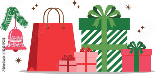 Holiday gift boxes, Christmas shopping, festive packaging, seasonal celebration, decorative bell, pine branches, sparkle stars, flat vector illustration
