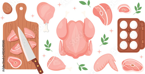 Raw chicken cuts, cooking preparation, kitchen knife, food tray, egg and board, culinary scene, butcher layout, flat vector illustration