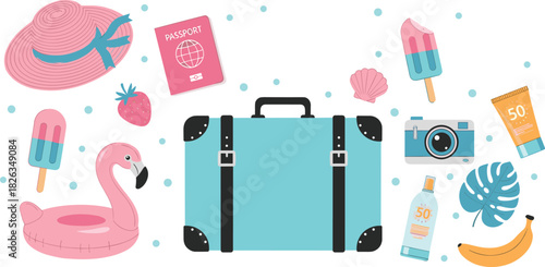 Summer vacation essentials, travel suitcase, beach accessories, tropical holiday, sunscreen, popsicle, flamingo float, camera, passport, sunhat, strawberry, banana, flat vector illustration