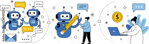 AI chatbot, writing assistant, digital finance, human robot interaction, online collaboration, fintech technology, creative teamwork, flat vector illustration