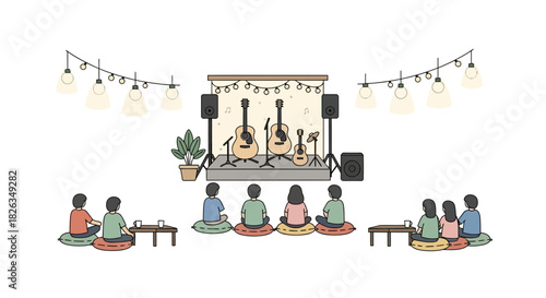 Cozy acoustic performance, friends enjoying live music together under string lights, intimate small concert with mellow vibes, relaxed atmosphere, originally from vector graphics