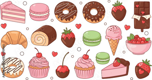 Dessert illustration, cake, donut, macaron, chocolate, ice cream, cupcake, croissant, berries, sweets collection, flat vector illustration