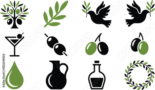 Collection of black and green olive oil and peace symbol icons
