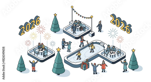 Celebrate 2026 New Year with friends and family at an ice rink, enjoying festive drinks and fireworks, creating joyful memories for the holiday season