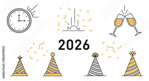 Celebrate New Year 2026 with festive party hats, clinking champagne glasses, confetti and a countdown clock in a stylish minimal design