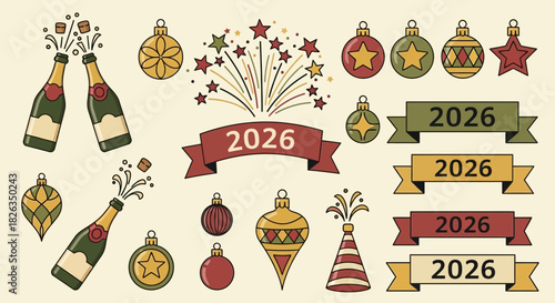 Celebrate the New Year 2026 with Festive Cheer: Champagne, Fireworks, and Ornaments for a Joyful Holiday Season, Perfect for Invitations and Greetings