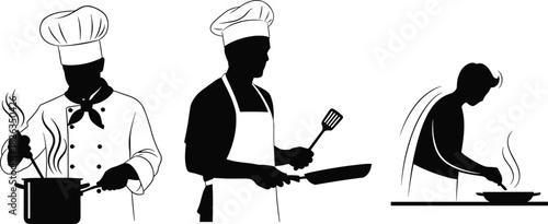 Black silhouette set of professional chefs cooking, stirring a pot, flipping food in a pan, and plating, illustrating fine dining, culinary work, and restaurant kitchen tasks