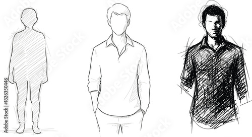 Conceptual sketch triptych showing human identity, anonymity, and inner turmoil through contrasting black and white drawing styles