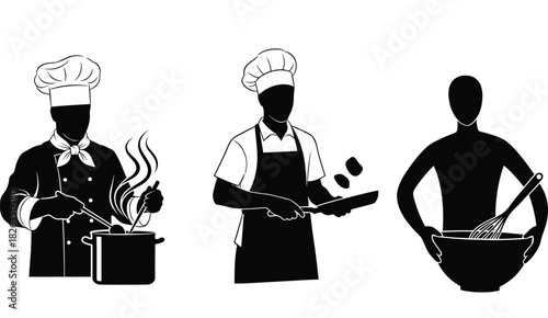 Professional Chef Cooking, Silhouette Vector, Restaurant Kitchen, Culinary Arts, Cooking Food, Frying, Stirring, Whisking, Black and White Icon