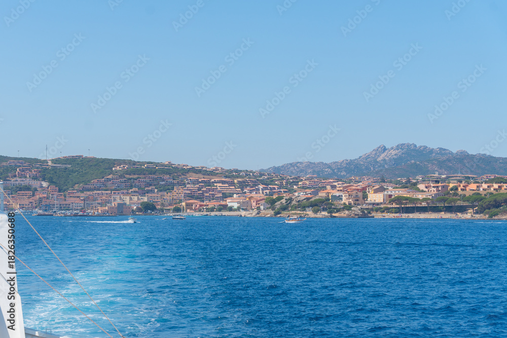 Fototapeta premium Ferry Wake and Distant Coast, Sardinian, La Maddalena, Italy