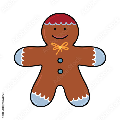 Smiling gingerbread man cookie. Hand drawn Christmas baked dessert icon with frosting decorations